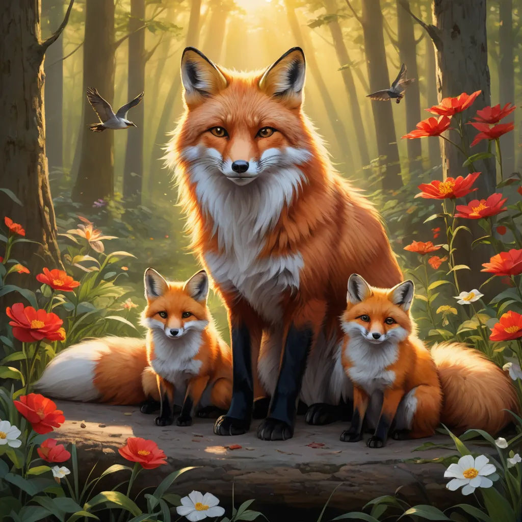 a painting of a fox and her two cubs in a forest with flowers and butterflies around them, with a bird flying overhead, furry art, a fine art painting, Dan Mumford, official art