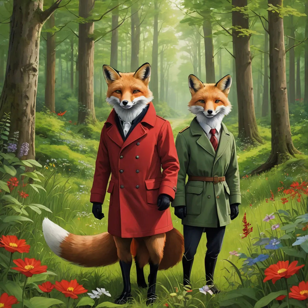 a painting of two foxes in a forest with a man in a red coat and a woman in a green coat, furry art, an oil painting, Aaron Jasinski, official art
