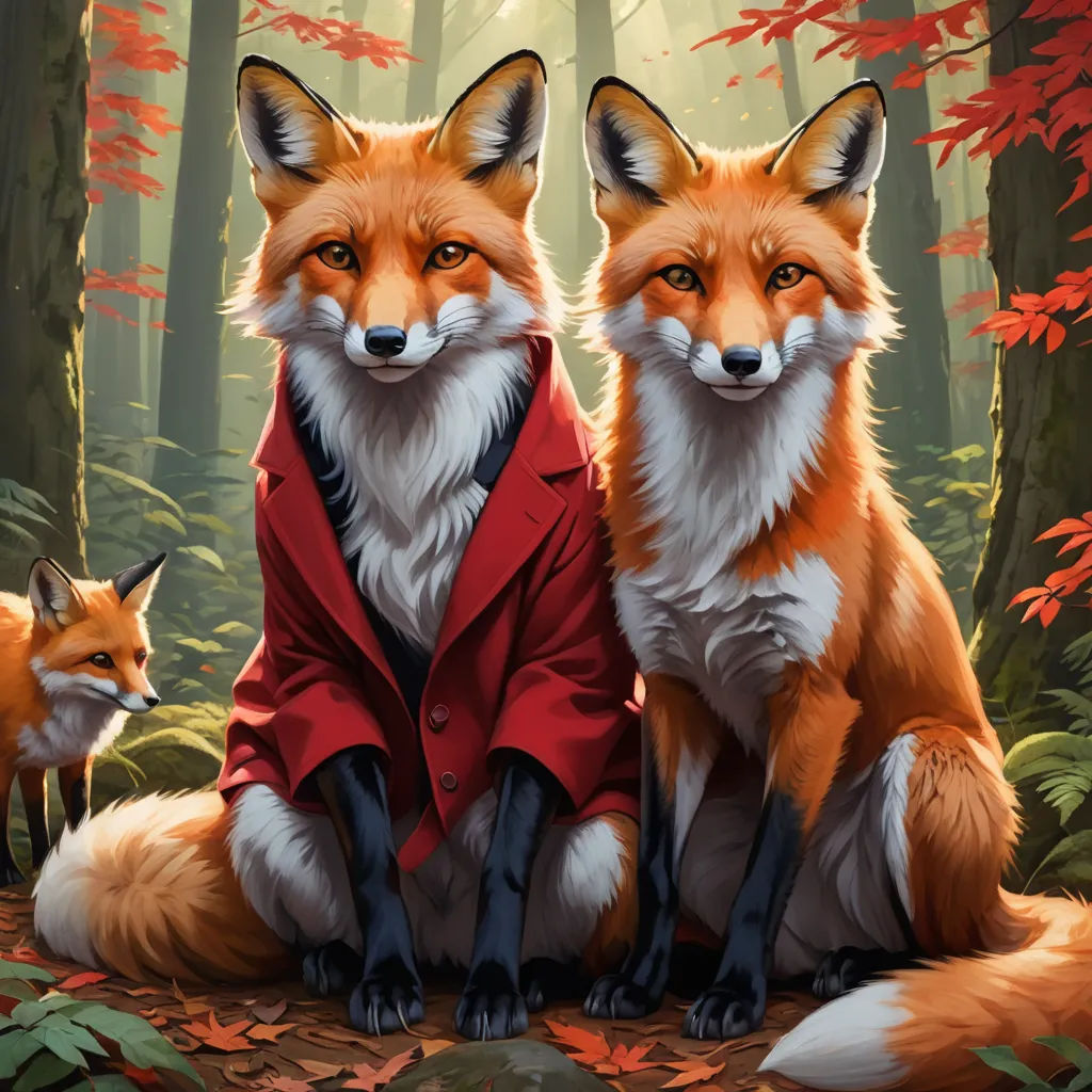 two foxes in a red coat sitting in the woods with leaves on the ground and one is looking at the camera, furry art, a digital painting, Brothers Hildebrandt, highly detailed digital painting
