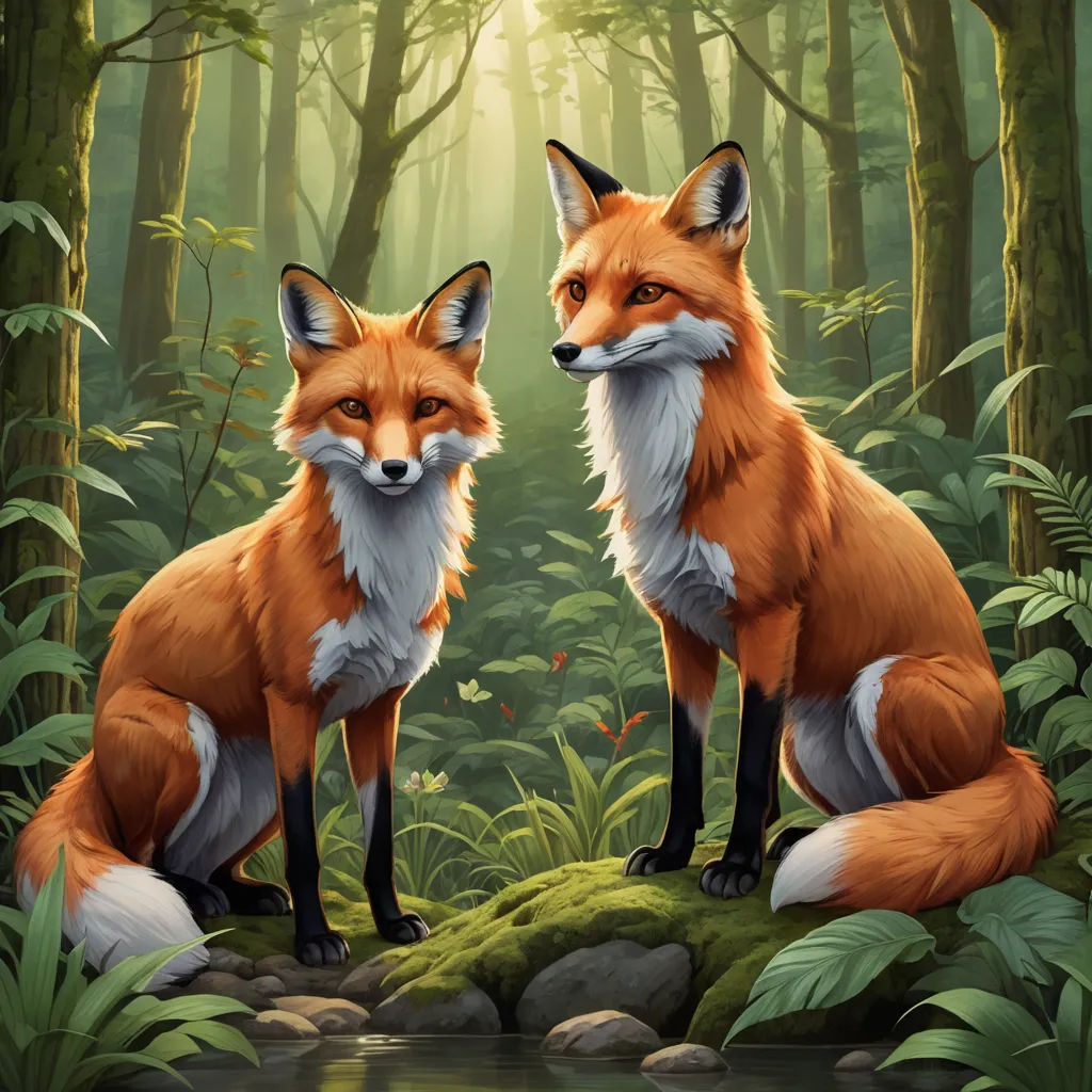 two foxes sitting in the middle of a forest with a stream running through it's sides, with the light shining through the trees, furry art, a digital painting, Dan Mumford, highly detailed digital painting