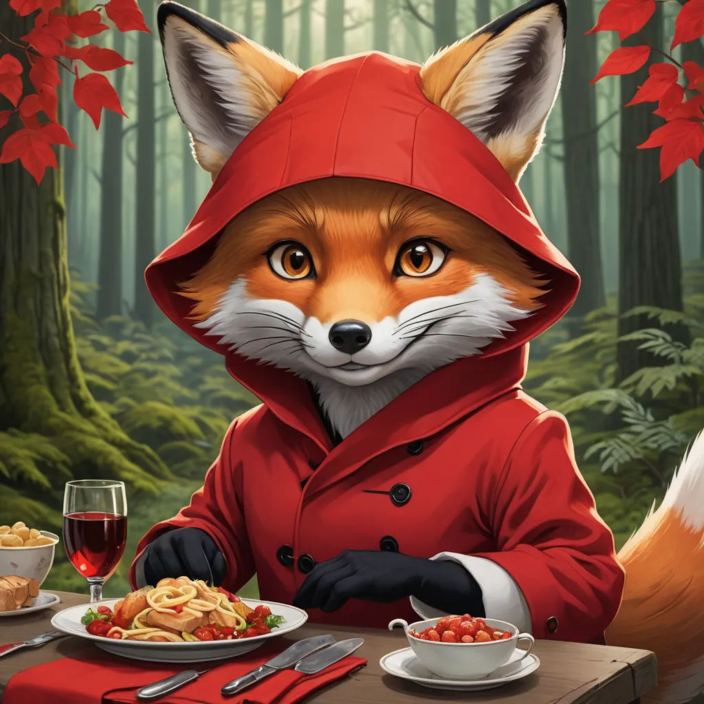 a painting of a fox wearing a red coat eating food in a forest with a red table cloth and a glass of wine, furry art, a character portrait, Aaron Jasinski, official art