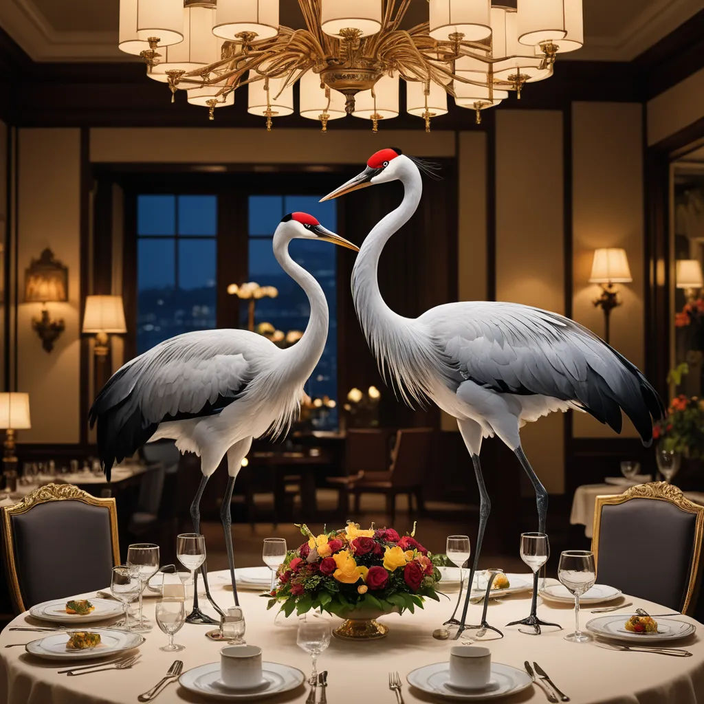 two birds standing on top of a table with plates and glasses on it, with a chandelier in the background, magic realism, a digital rendering, Enguerrand Quarton, birds