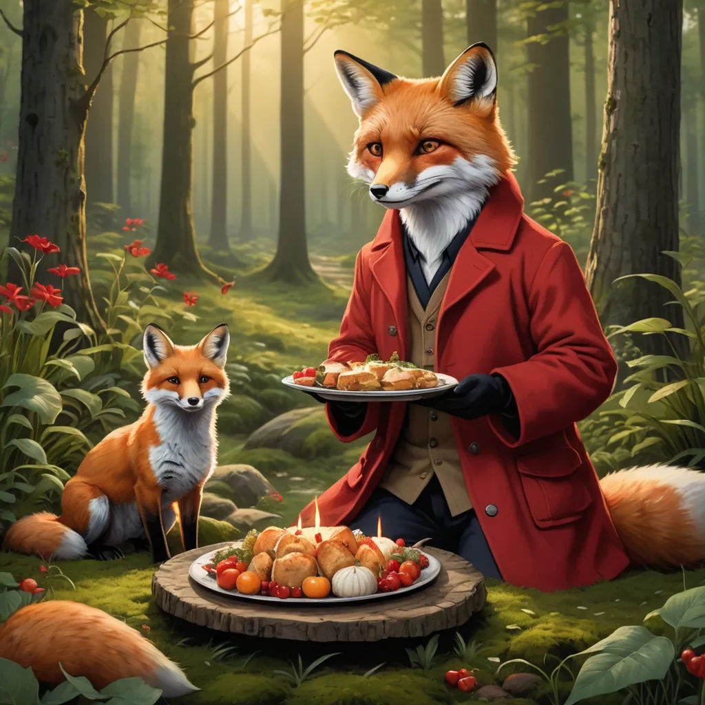 a painting of a fox and a man holding a plate of food in a forest with a fox looking on, fantasy art, a storybook illustration, Chris LaBrooy, official art