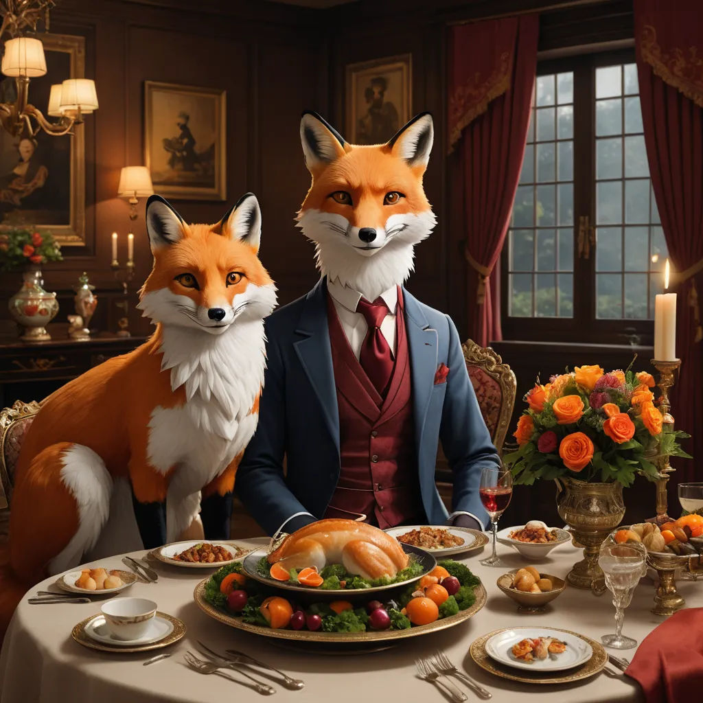 a painting of two foxes sitting at a table with food on it and a man in a suit standing next to them, fantastic realism, a digital rendering, Chris LaBrooy, furaffinity