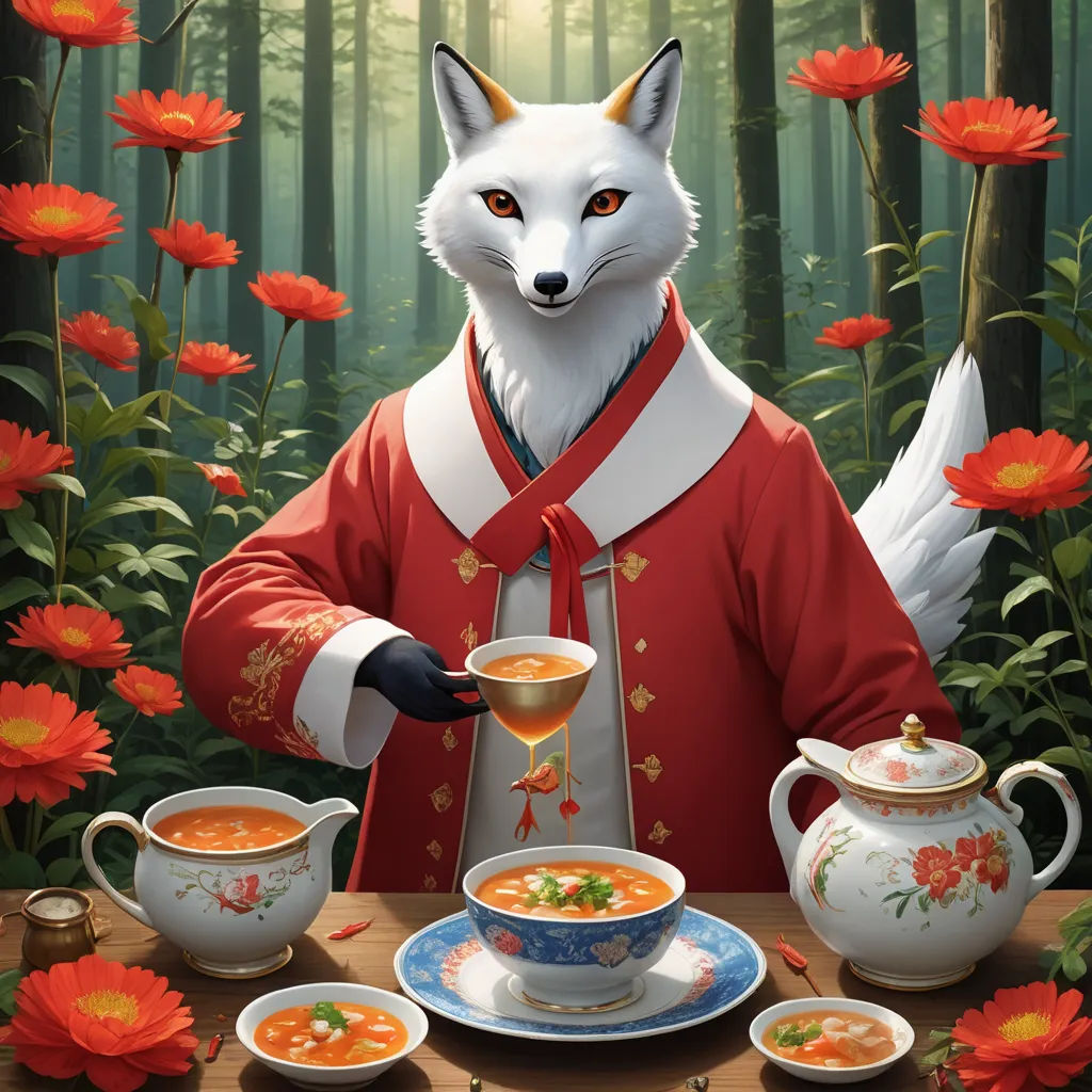 a painting of a fox with a red outfit and a tea set in front of a table with tea cups and saucers, furry art, a detailed painting, Aaron Jasinski, official art