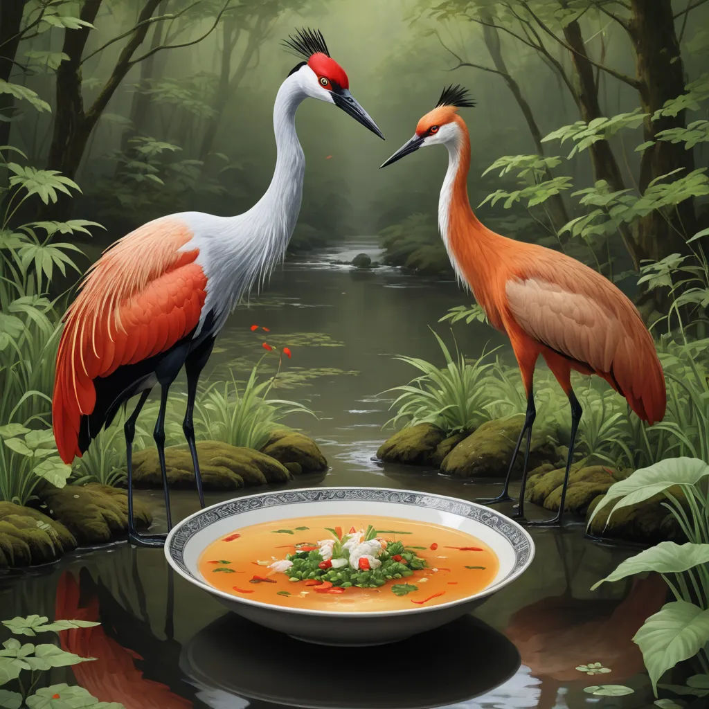 two birds standing next to each other near a bowl of soup in a forest setting with a stream and stream, magic realism, a digital painting, Chris LaBrooy, highly detailed digital painting