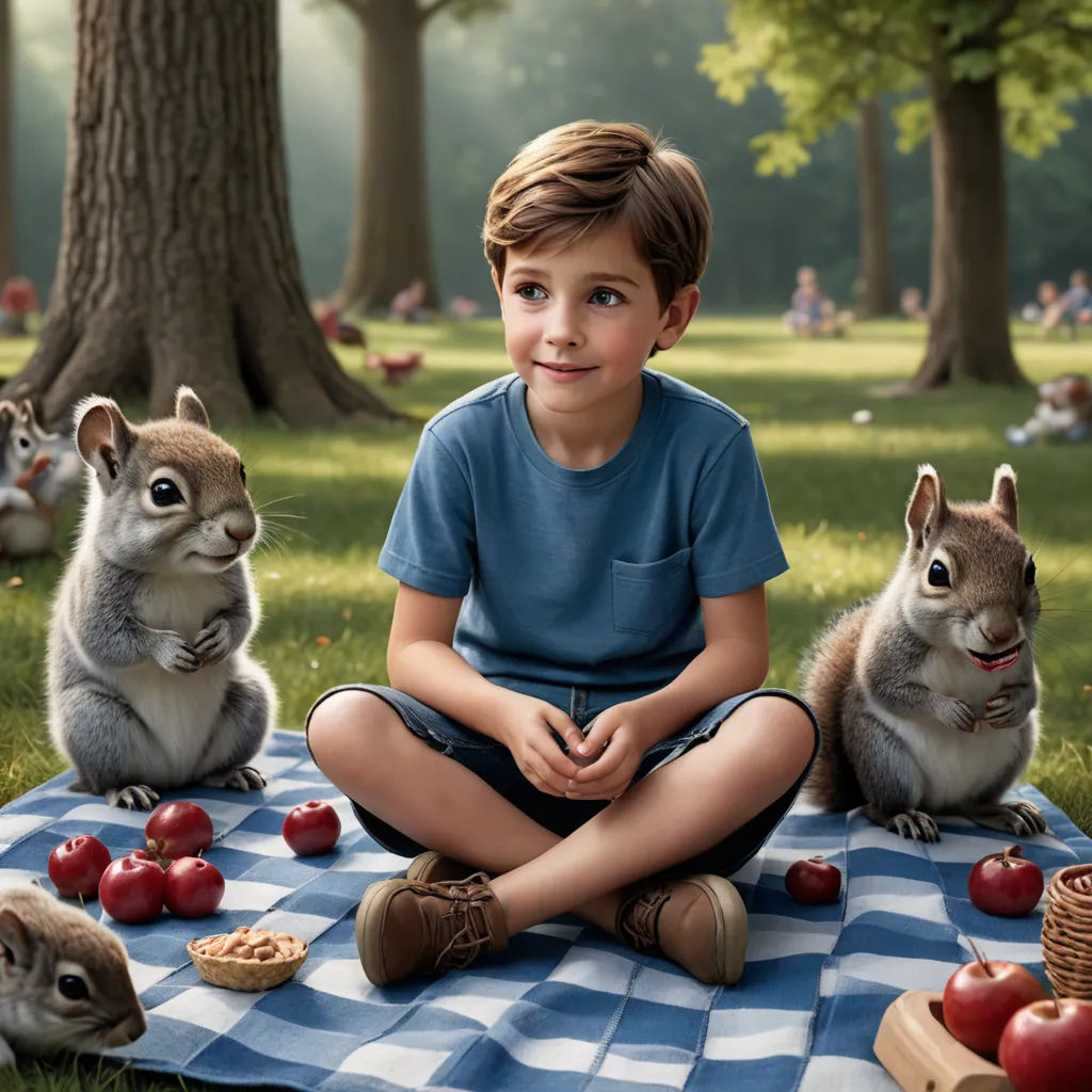 a boy sitting on a blanket with squirrels and apples in the park behind him, and a picnic blanket with a boy sitting on the ground with two squirrels, american scene painting, a storybook illustration, Chris LaBrooy, promotional image