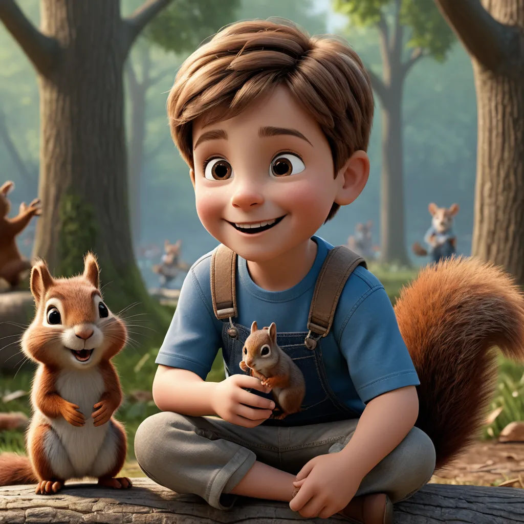 a boy with a squirrel and a squirrel on a log in the woods with other animals around him and a squirrel on the log, furry art, a character portrait, Chippy, promotional image