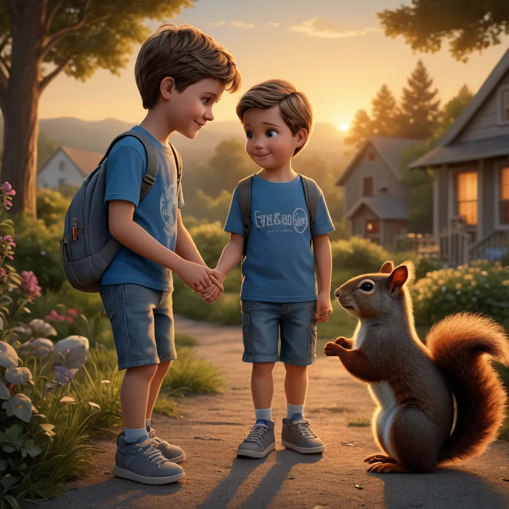 two children standing next to a squirrel on a road with a house in the background and a sunset behind them, photorealism, a storybook illustration, Chris LaBrooy, cgstudio