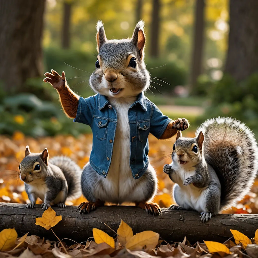 a squirrel is standing on a log with three other squirrels in the background and a man in a denim jacket is standing behind him, furry art, a digital rendering, Chris LaBrooy, ultra realistic digital art