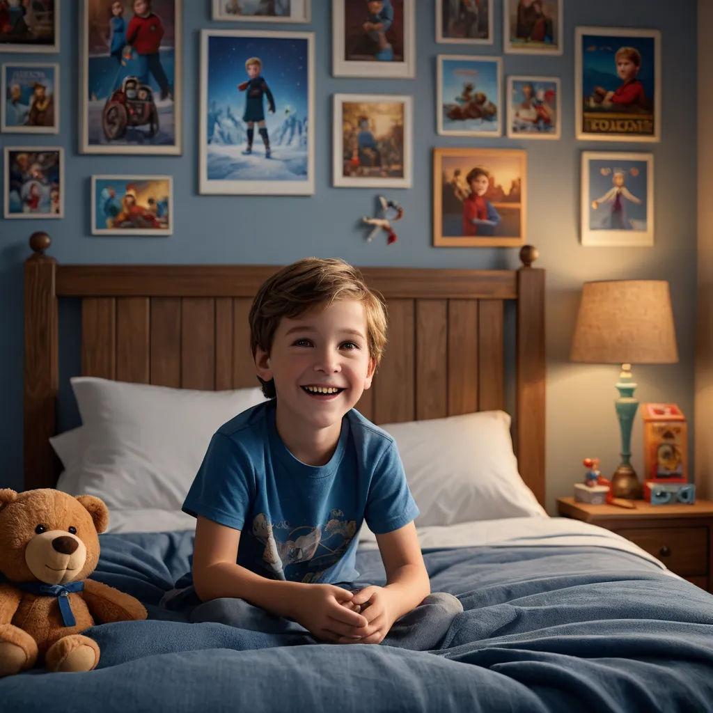 a young boy sitting on a bed with a teddy bear in front of him and a bunch of pictures on the wall, photorealism, a storybook illustration, Chris LaBrooy, pixar and disney animation