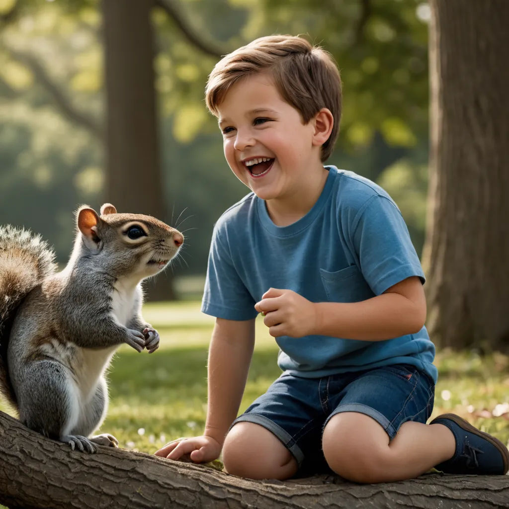 a boy sitting on a tree branch with a squirrel on his lap and a squirrel on the ground behind him, naturalism, a stock photo, Chippy, animal photography