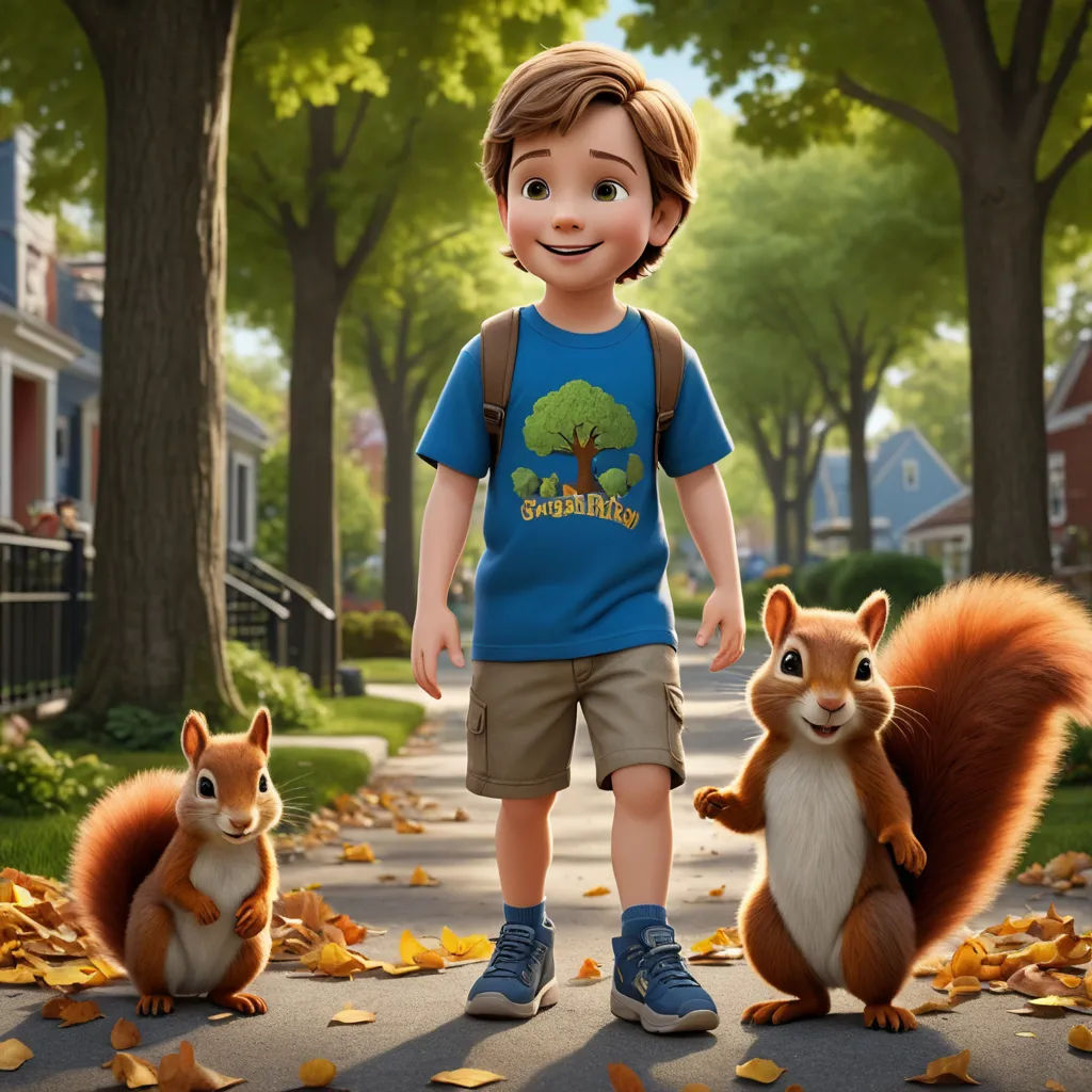 a boy standing next to two squirrels on a street with trees in the background and leaves on the ground, photorealism, a character portrait, Chris LaBrooy, promotional image