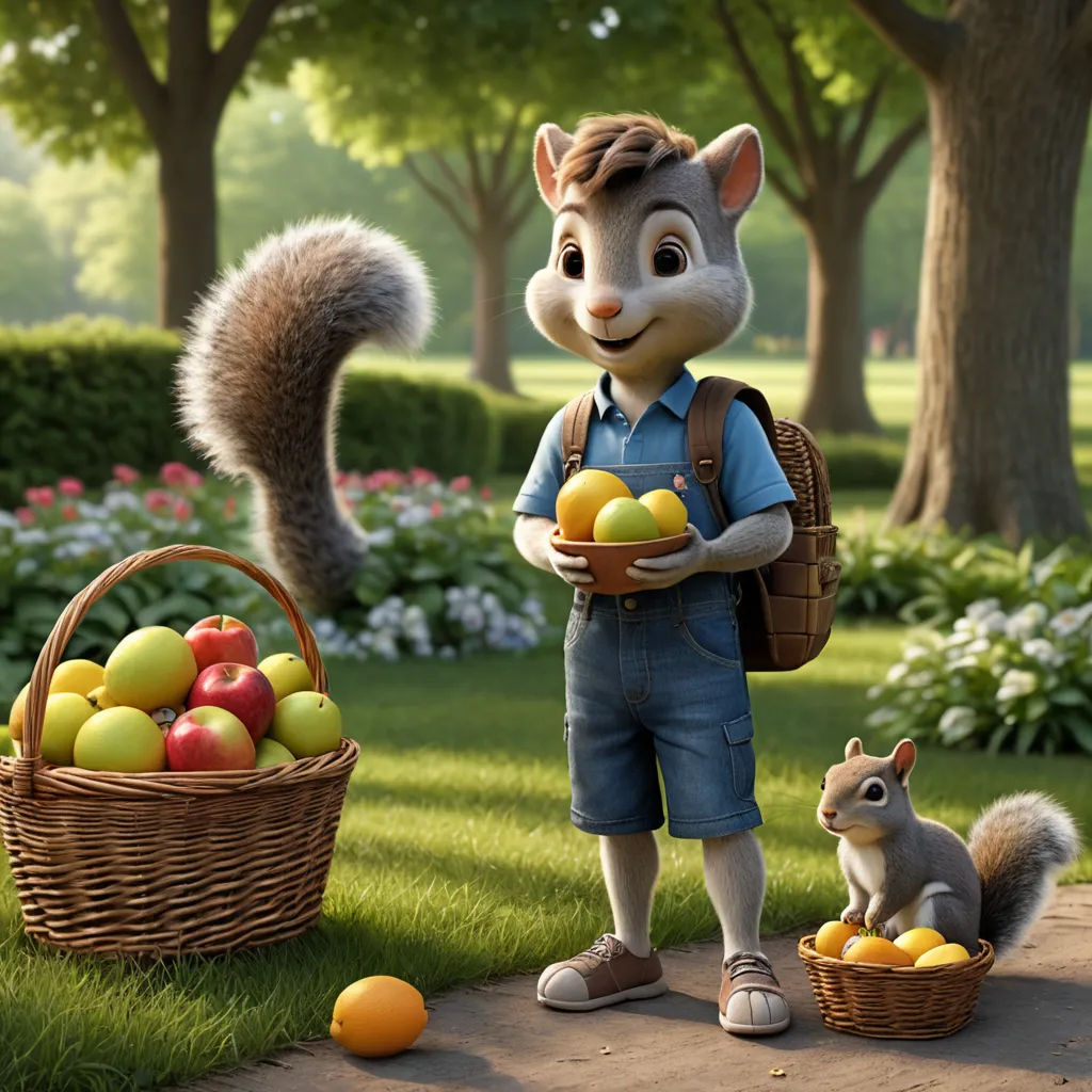 a squirrel and a squirrel boy are standing in the grass with apples and a squirrel in the background,, furry art, a digital rendering, Chris LaBrooy, promotional image