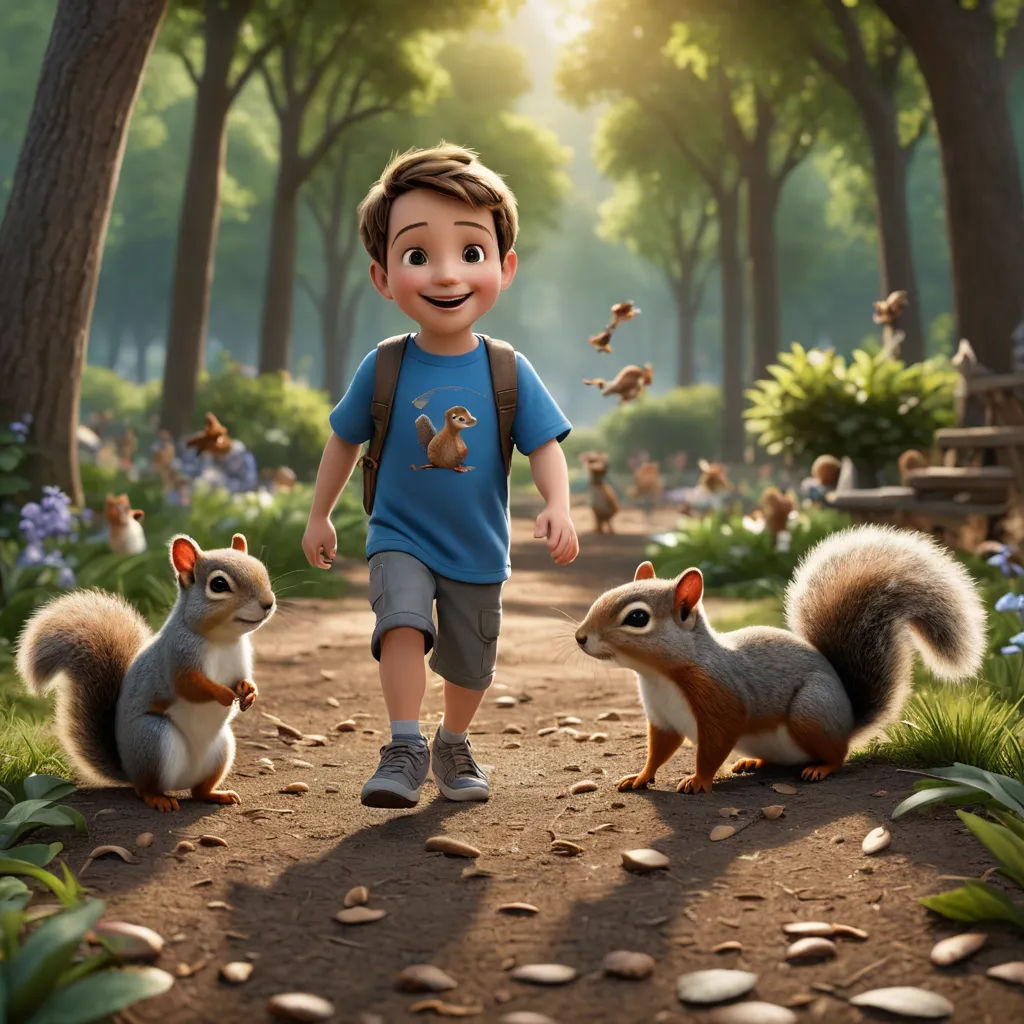 a boy is walking with two squirrels in the park, and a bird is flying in the sky above him, photorealism, a storybook illustration, Chris LaBrooy, promotional image