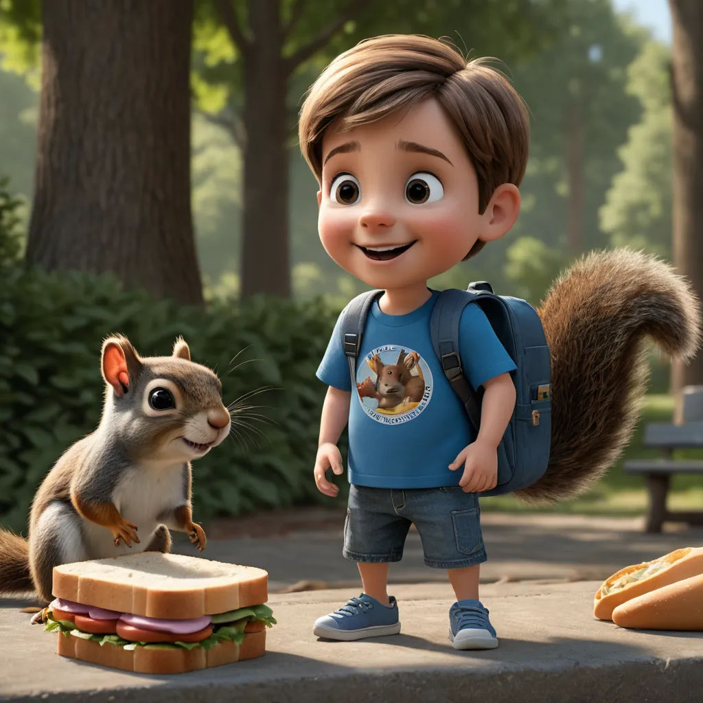 a cartoon character standing next to a squirrel and a sandwich on a sidewalk in a park with trees in the background, furry art, a stock photo, Chris LaBrooy, promotional image
