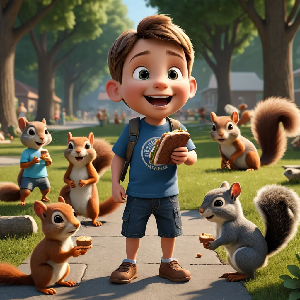 a boy standing in front of a bunch of squirrels and holding a book in his hands and smiling at the camera, furry art, poster art, Chris LaBrooy, promotional image