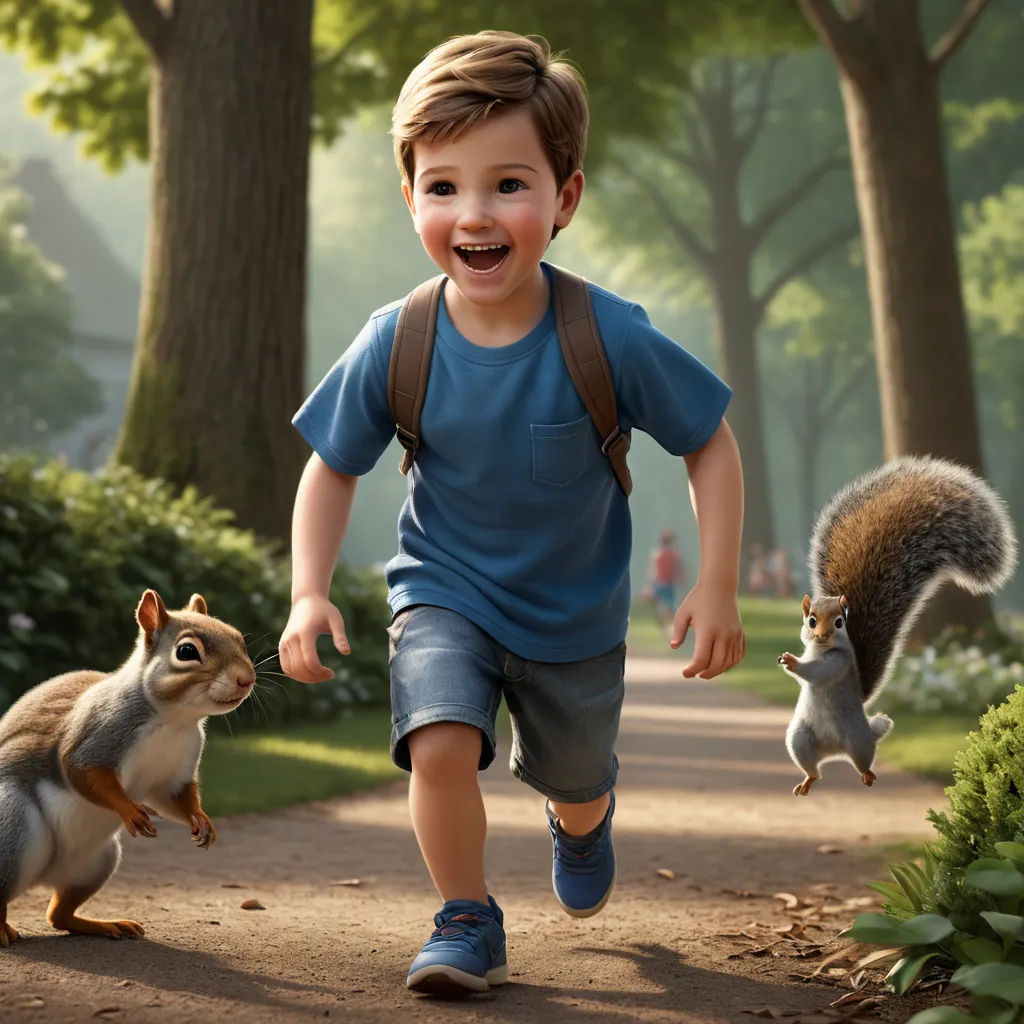 a boy running with a squirrel and a squirrel on a path in the woods, with a squirrel running behind him, photorealism, a storybook illustration, Chris LaBrooy, cgstudio