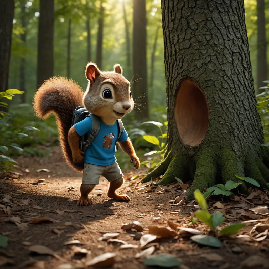 a squirrel with a backpack is walking through the woods with a tree trunk in the foreground and a hole in the ground in the background, photorealism, a 3D render, Chris LaBrooy, unreal engine 5 highly rendered
