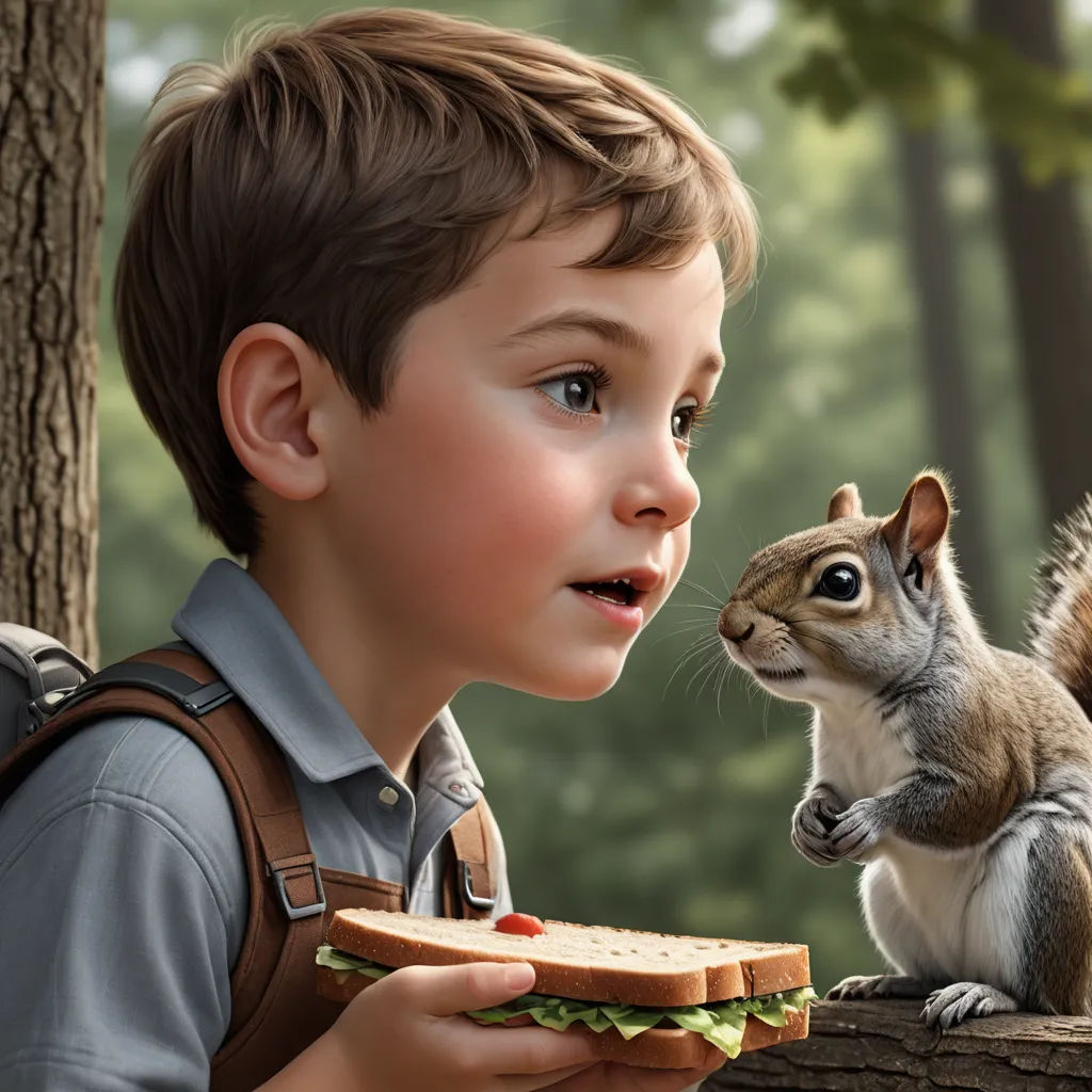 a boy is eating a sandwich with a squirrel on the side of the picture behind him and a squirrel on the other side of the picture, photorealism, a storybook illustration, Chris LaBrooy, ultra realistic digital art