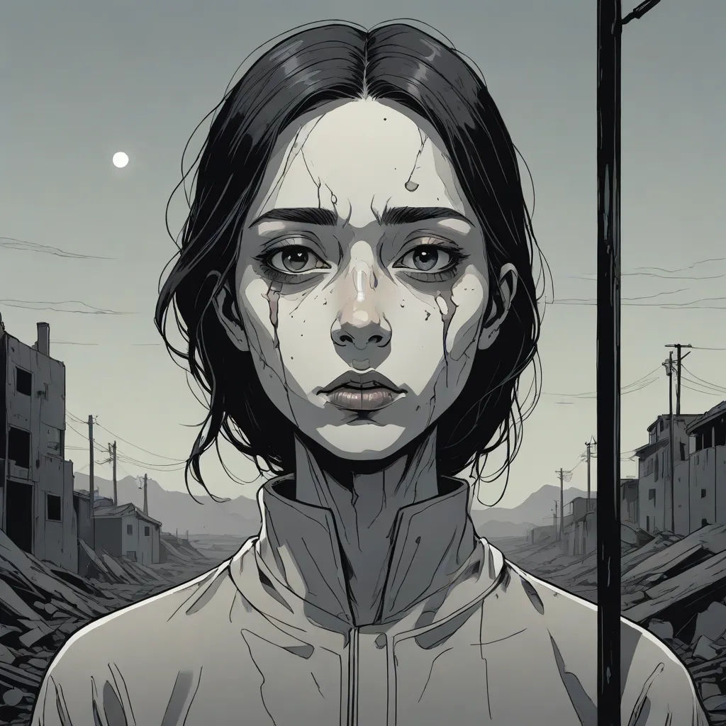 a woman with a bloody face and a knife in her hand, standing in front of a cityscape, Cedric Peyravernay, serial art, cyberpunk art, comic cover art