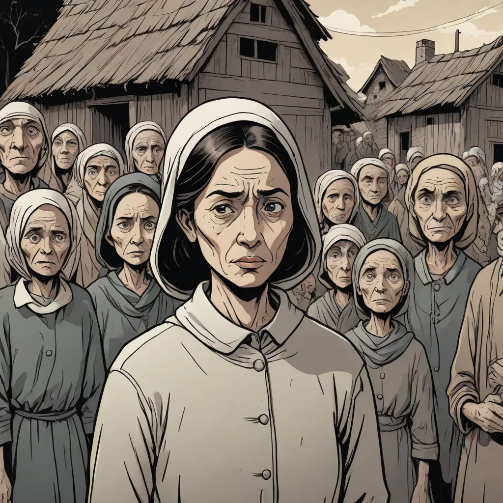 a woman standing in front of a group of people in front of a house with a crowd of people, Art Spiegelman, serial art, a comic book panel, graphic novel