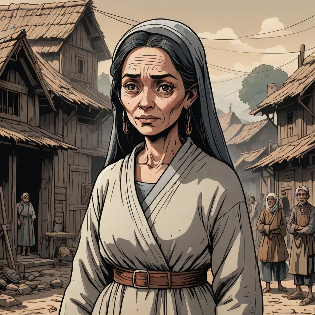 a woman in a white dress standing in front of a village with people standing around her and a man standing in front of her, Ada Gladys Killins, serial art, a character portrait, epic fantasy character art