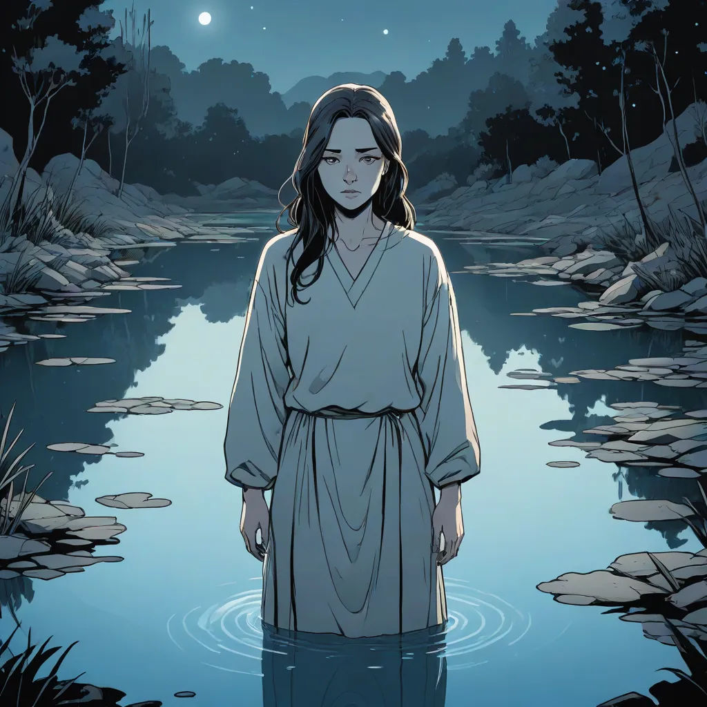 a woman in a robe standing in a river at night with a full moon in the sky above her, Asaf Hanuka, context art, a comic book panel, graphic novel