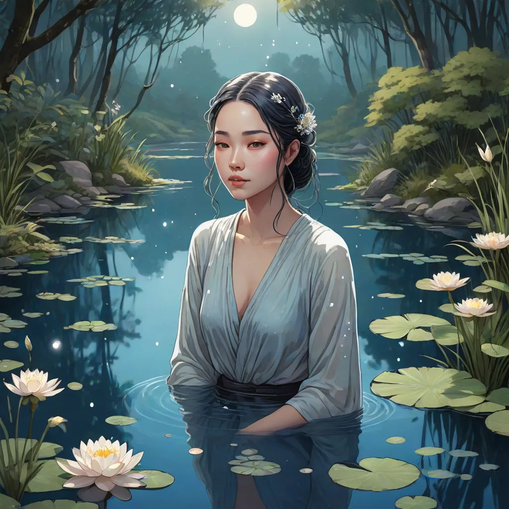 a woman in a white dress standing in a pond of water with lily pads and a full moon in the background, Chen Lin, fantasy art, a painting, stanley artgerm lau