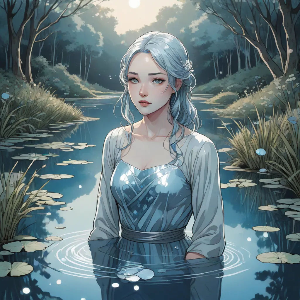 a woman standing in a pond with a blue dress on and trees in the background and a sun shining, Charlie Bowater, fantasy art, a character portrait, rossdraws global illumination
