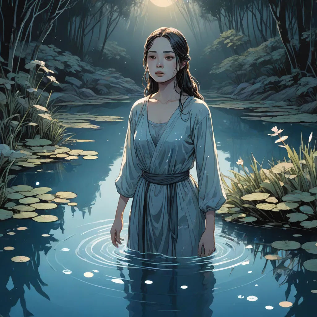 a woman in a dress standing in a pond with lily pads in front of her and a full moon in the background, Cyril Rolando, fantasy art, a storybook illustration, rossdraws global illumination
