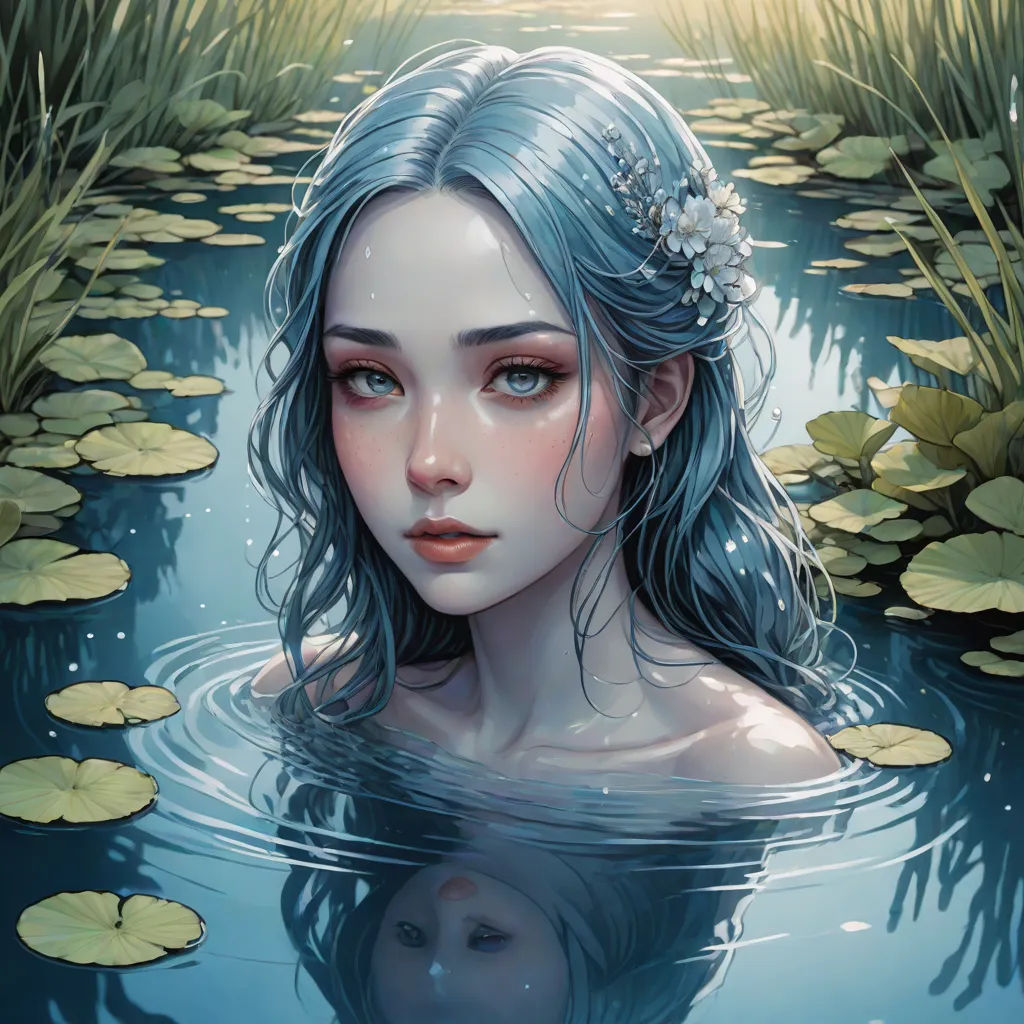 a woman with blue hair is in the water with lily pads and a sun shining behind her head and her eyes are closed, Charlie Bowater, fantasy art, a detailed painting, stanley artgerm lau