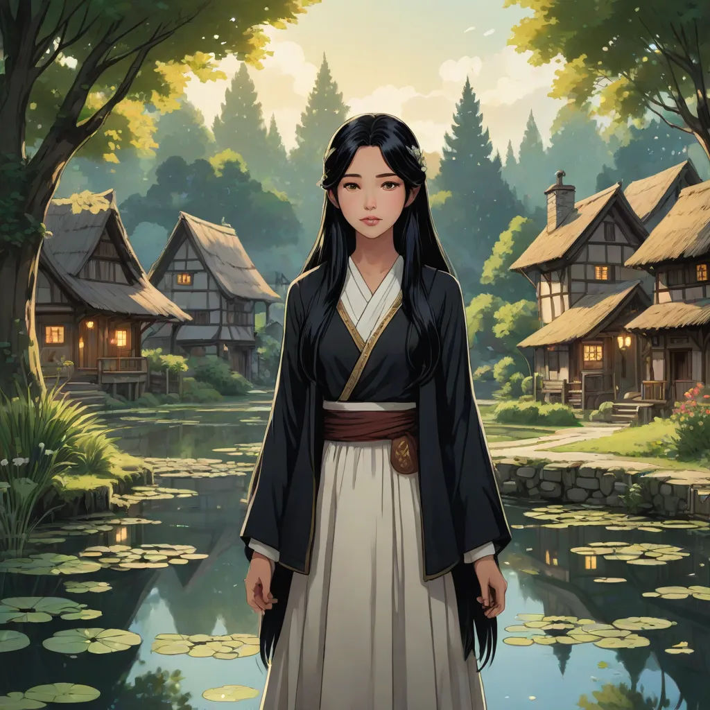 a woman in a kimono standing in front of a pond with lily pads and a house in the background, Chen Hong, fantasy art, a character portrait, official art