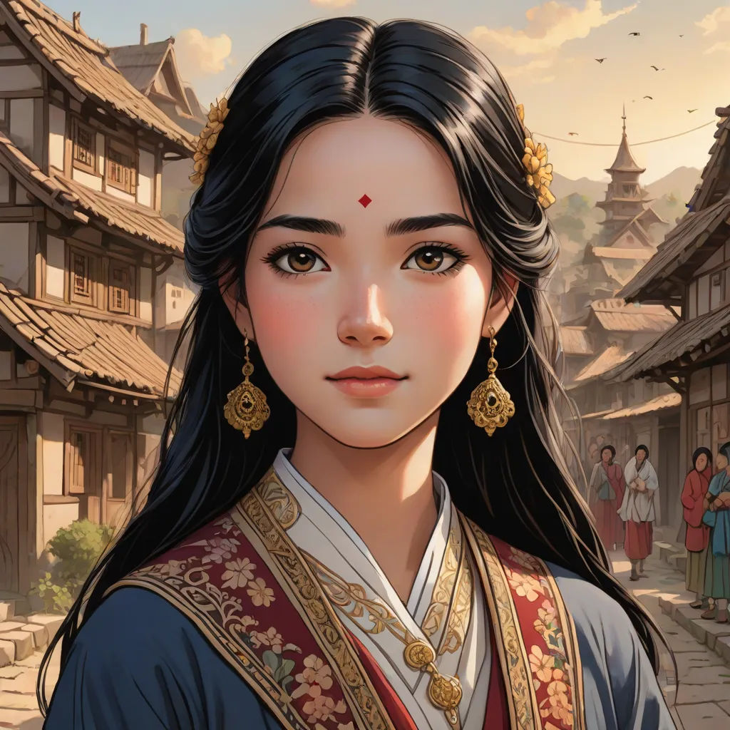 a woman in a chinese dress standing in front of a building with a sky background and people in the background, Chen Chun, fantasy art, a character portrait, beautiful detailed