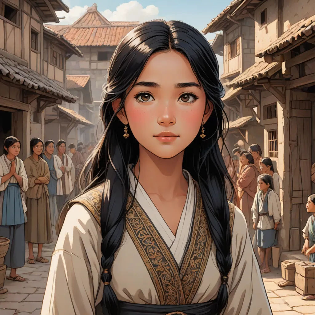 a woman in a chinese village with people around her and a man standing in front of her with a sword, Chen Lin, fantasy art, a character portrait, character portrait
