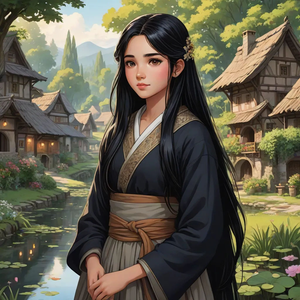 a woman in a kimono standing in front of a pond with a house in the background and a pond in the foreground, Chen Lin, fantasy art, a character portrait, fantasy artwork