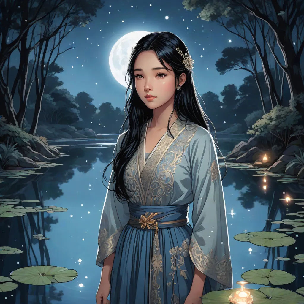 a woman in a blue dress standing in front of a pond with lily pads and a candle in her hand, Chen Lin, fantasy art, a character portrait, fantasy artwork