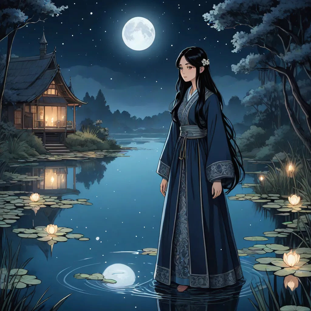a woman in a blue dress standing in front of a lake at night with a full moon in the sky, Chen Lin, fantasy art, a storybook illustration, moonlight