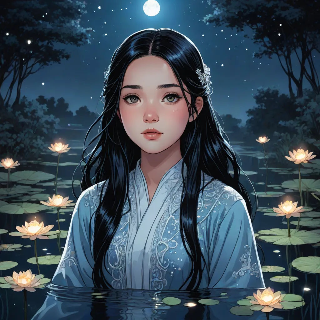 a girl in a white dress is sitting in a pond of water lilies with a full moon in the background, Chen Lin, fantasy art, a detailed painting, stanley artgerm lau