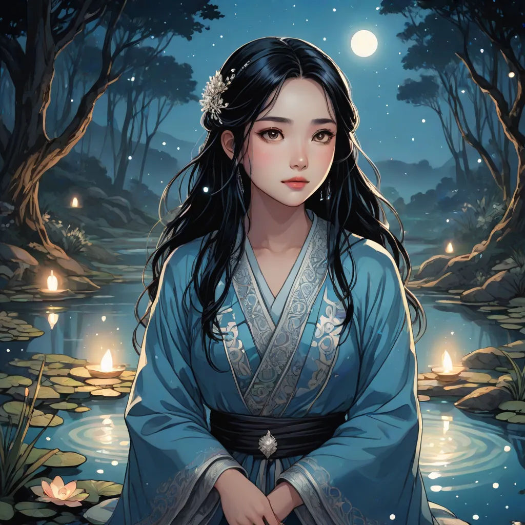 a woman in a blue dress sitting on a lily pad in front of a pond with candles in it, Chen Lin, fantasy art, a detailed painting, serene