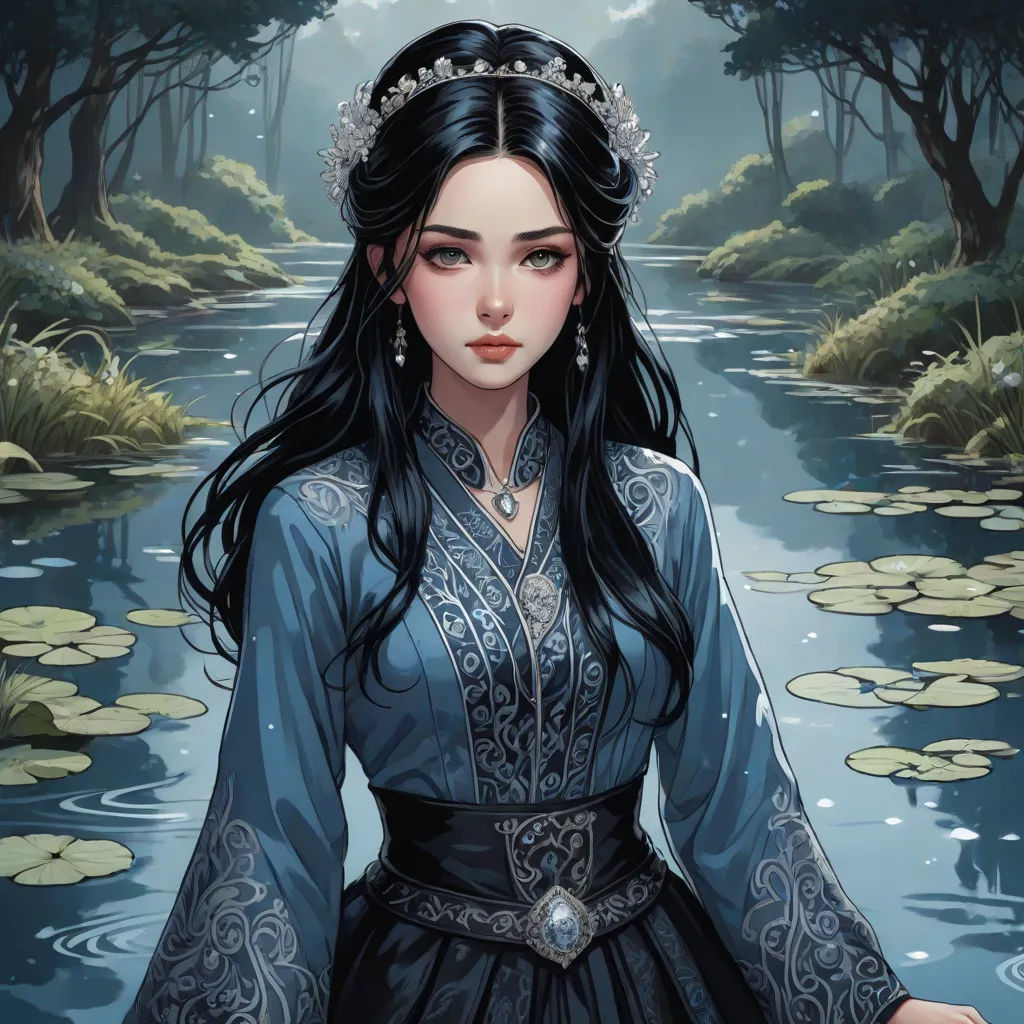 a woman in a blue dress standing in front of a pond with lily pads on it and a crown on her head, Chen Lin, fantasy art, a detailed painting, beautiful detailed