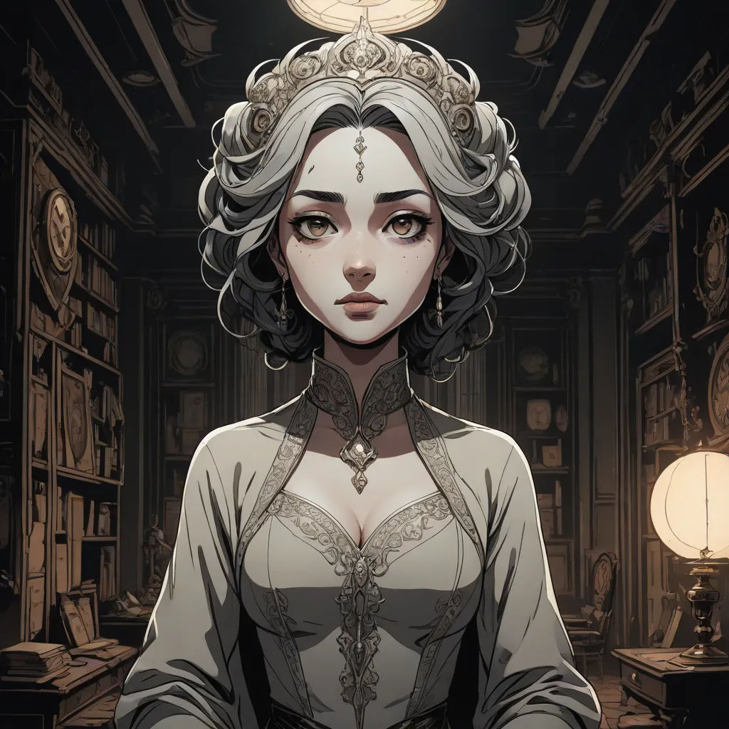 a woman with a clock on her head in a room with a clock on the wall and a lamp above her head, Charlie Bowater, gothic art, a character portrait, rossdraws global illumination