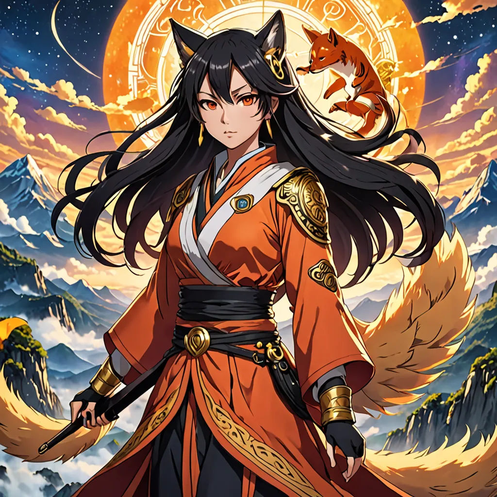 a woman in a red and orange outfit holding a sword and a fox on a mountain with clouds and a full moon in the background, furry art, a character portrait, Chizuko Yoshida, official art
