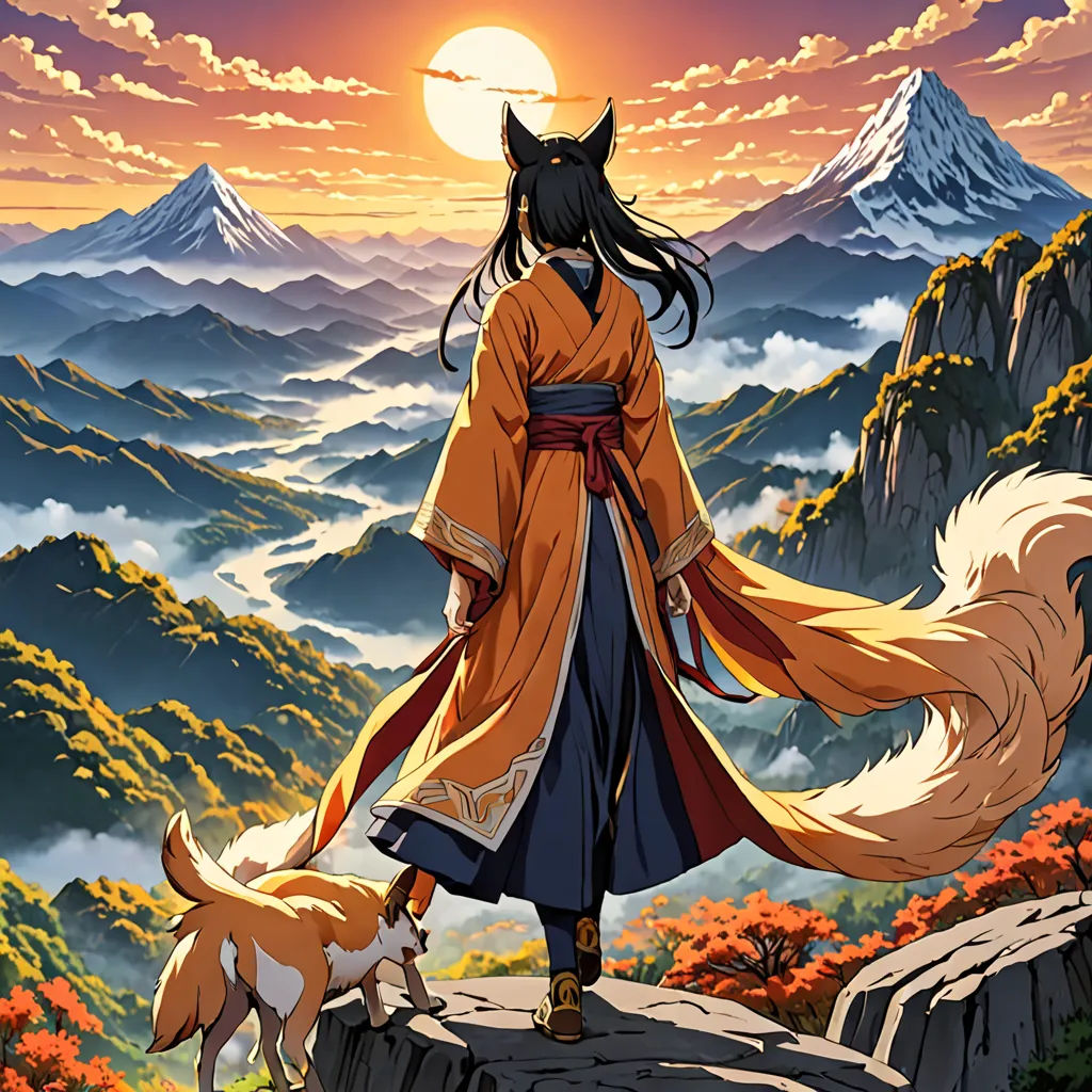 a woman in a kimono walking on a mountain with a dog in front of her and a sunset in the background, furry art, poster art, Chen Chi, official art