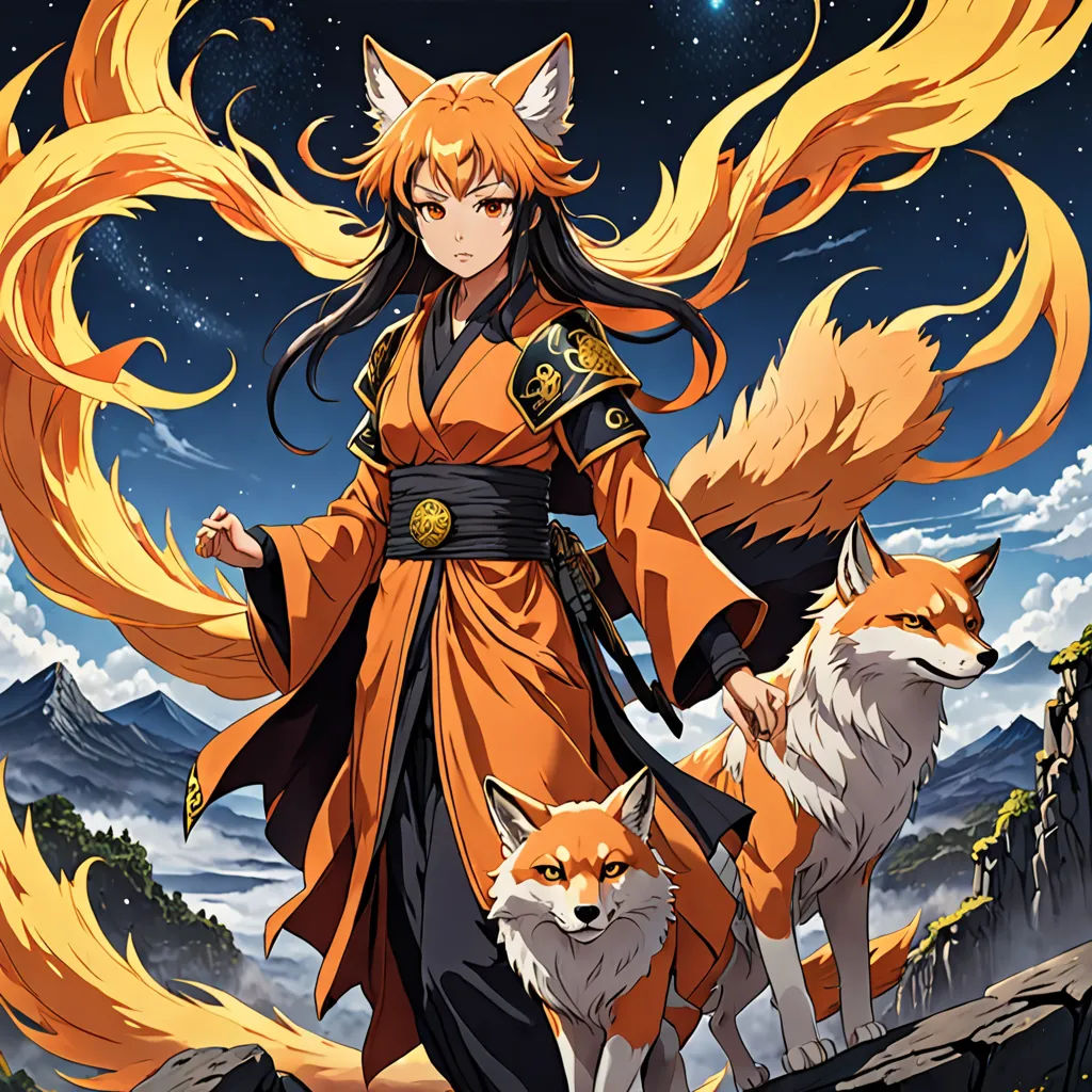 a woman in a kimono with two foxes on a mountain side under a night sky with stars and clouds, furry art, a character portrait, Chizuko Yoshida, official art
