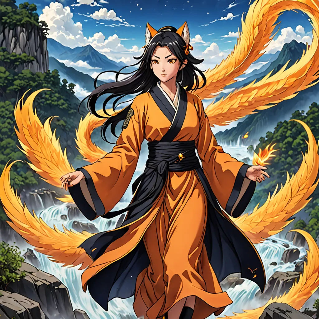 a woman in a kimono walking across a river with a firey tail on her head and a mountain in the background, fantasy art, a character portrait, Chen Chun, official art