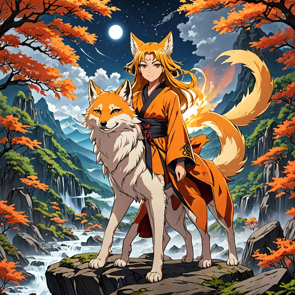 a woman in a kimono standing next to a wolf in a forest at night with a full moon, fantasy art, a character portrait, Baiōken Eishun, official art