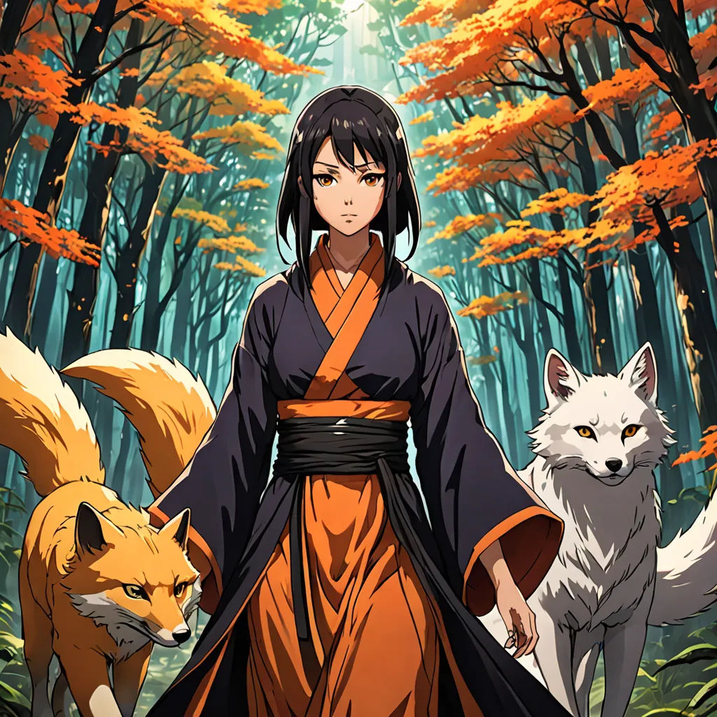 a woman in a kimono standing in a forest with two foxes behind her and a forest background with orange leaves, furry art, a character portrait, Ai-Mitsu, official art