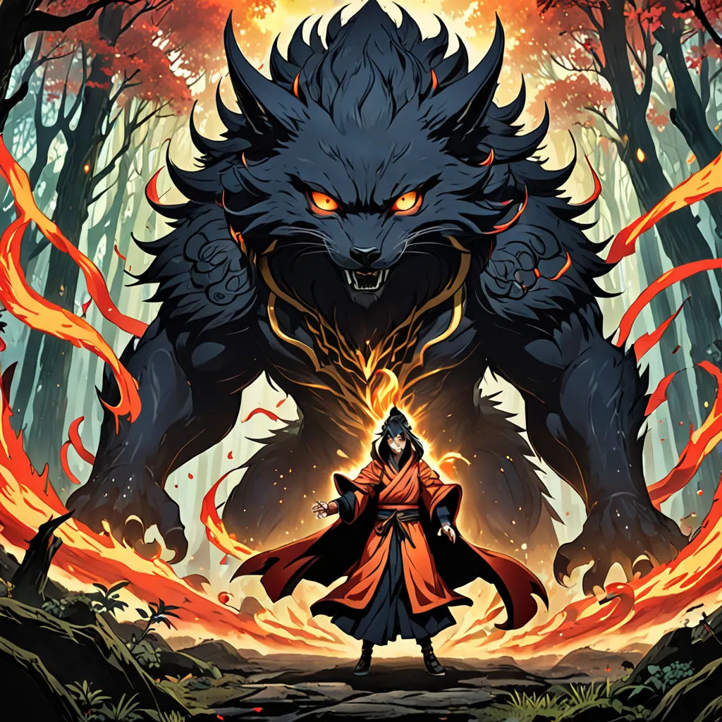 a man standing in front of a demon in a forest with flames coming out of his face and a demon on his back, sots art, poster art, Baiōken Eishun, comic cover art