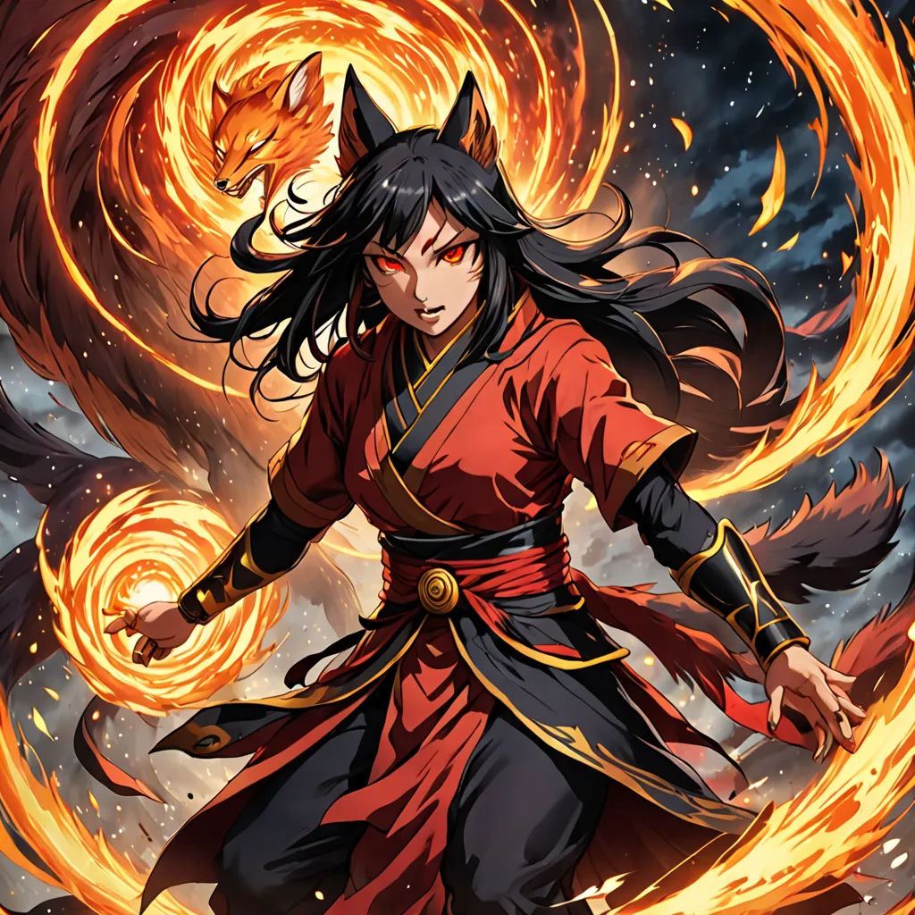 a woman in a red and black outfit with a red and yellow fire ring around her neck and a black and orange tail, furry art, a comic book panel, Fan Qi, official art